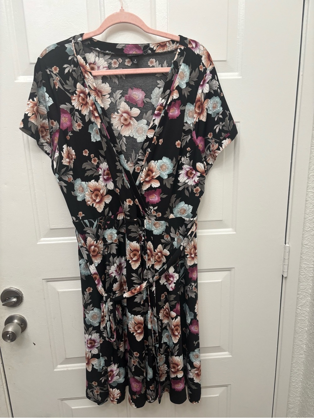 torrid Black Floral Midi Wrap Style Dress with Pink and Cream Blooms